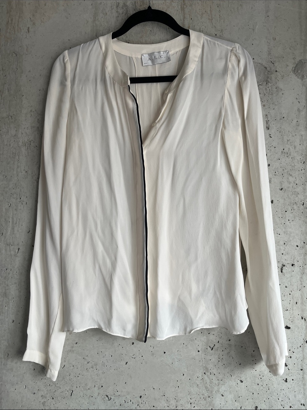 A.L.C. Ivory Silk Blouse Black Contrast Trim Quiet Luxury Office Chic